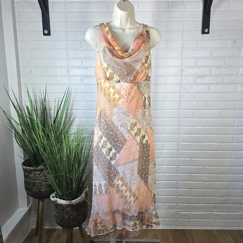 Vintage Y2k Paisley Chiffon Midi Dress size 8 Pastel Orange Cream Pink
